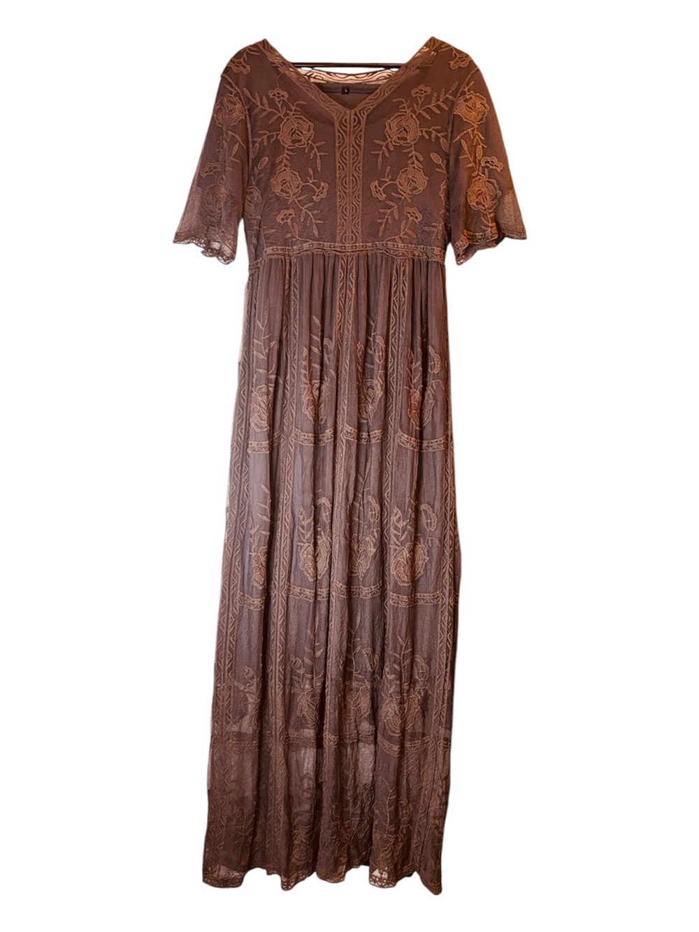 Boho Grunge Brown Embroidered Floral Mesh Overlay Maxi Dress Size Large